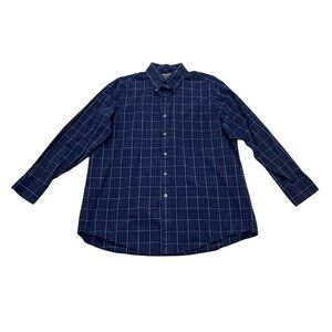 Men’s Club Room Navy Windowpane Button Down Shirt Cotton Size L 2000s